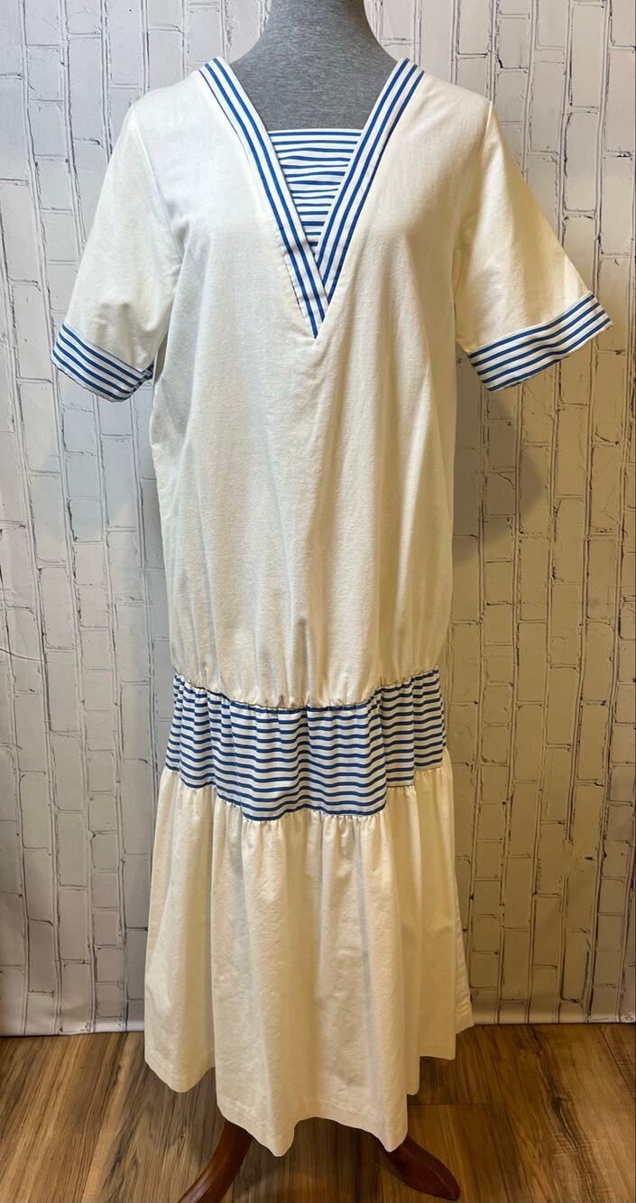 80s Newport Sailor Dress Size 12 White Blue Nautical Drop Waist Cotton Vintage